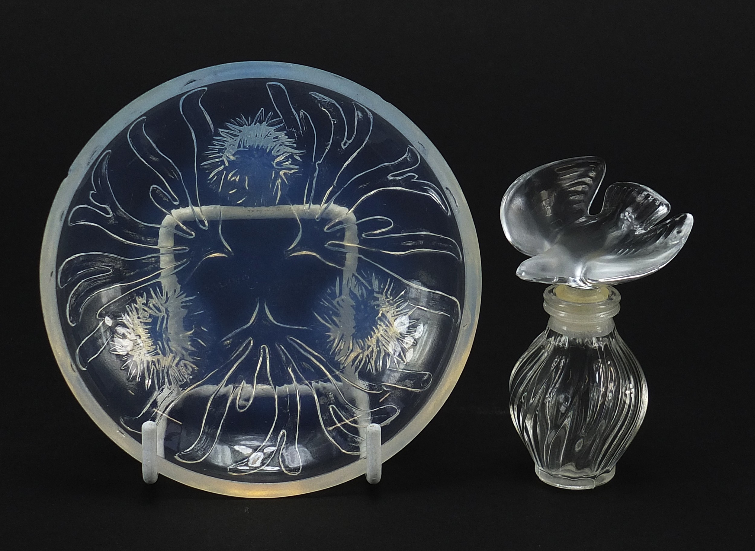 Lalique frosted and clear glass scent bottle and a Sabino opalescent dish, the largest 10cm in