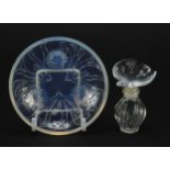 Lalique frosted and clear glass scent bottle and a Sabino opalescent dish, the largest 10cm in