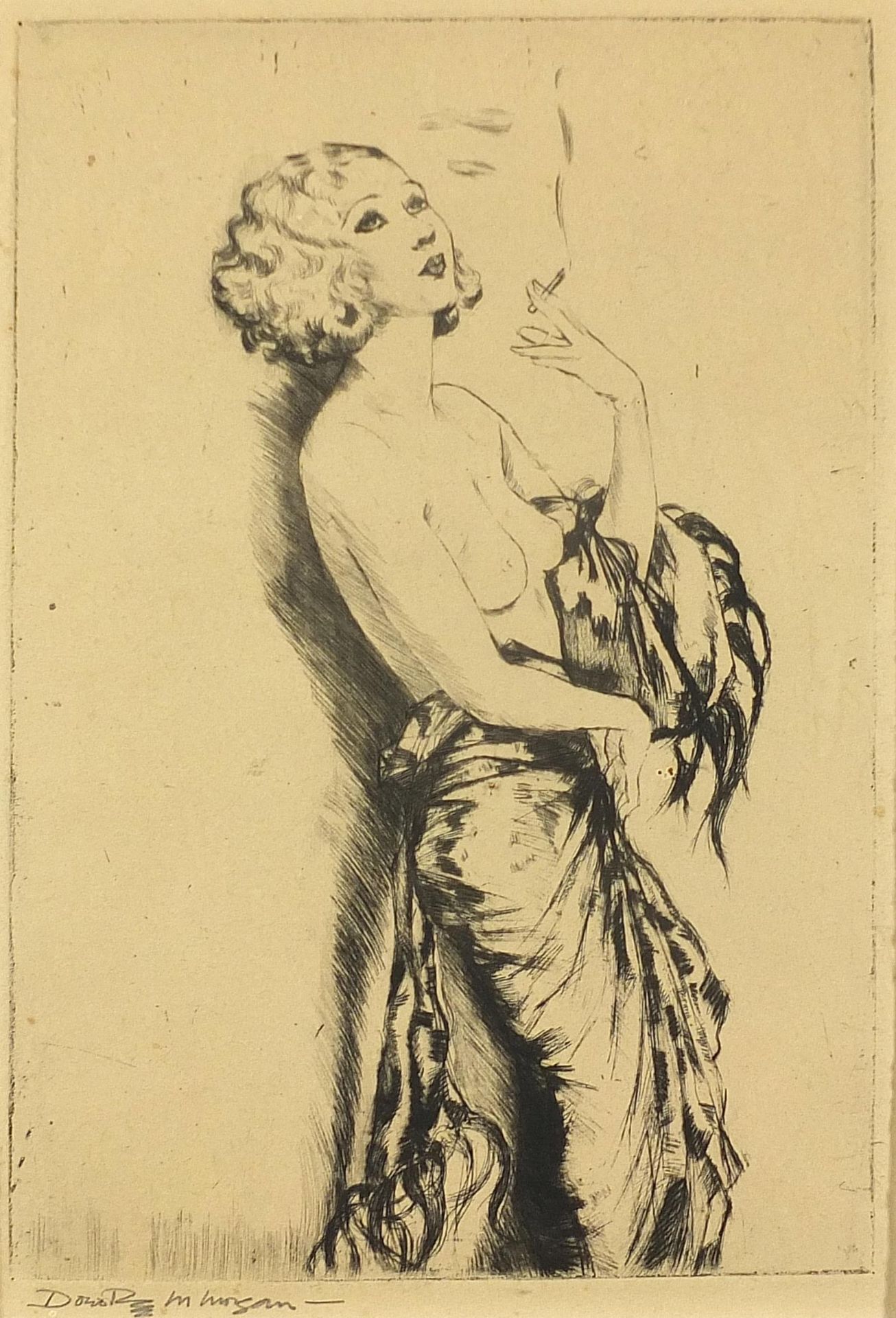 Portrait of a semi nude female smoking, pencil signed print, indistinctly signed, possibly ... M