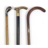 Three walking sticks comprising two with silver mounts and a gentlemen's tipple example, the largest