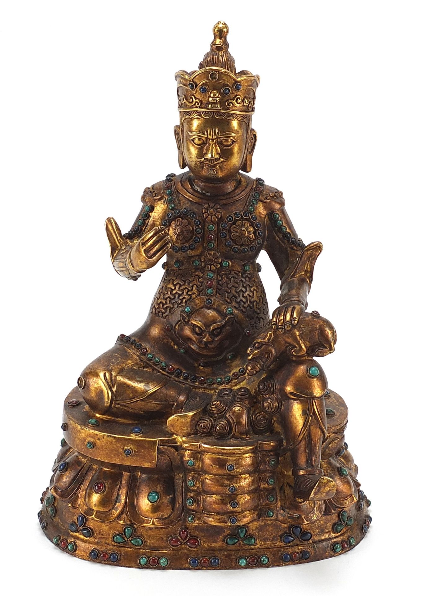 Chino Tibetan gilt bronze jewelled figure of a deity, 27cm high