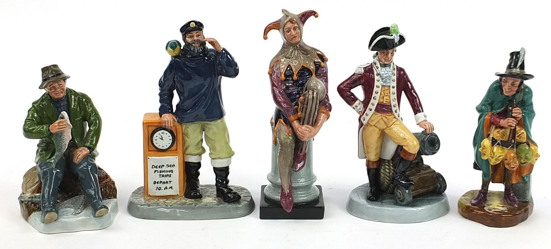 Five Royal Doulton figures including The Jester HN2016 and Officer of the Line HN2733, the largest