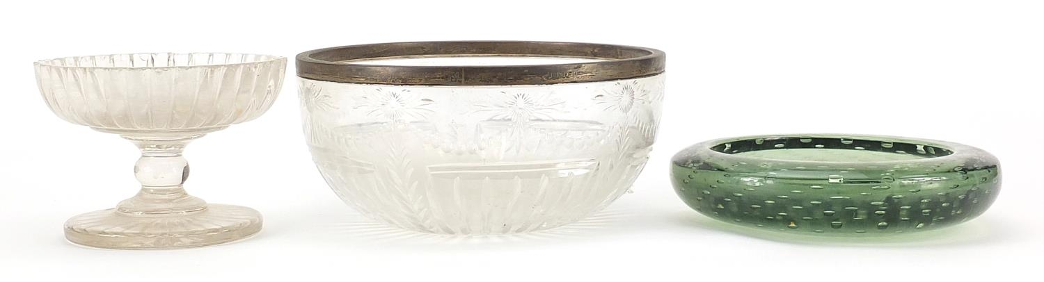 Antique and later glassware comprising a Whitefriars dish, etched glass bowl with silver rim and - Image 2 of 4