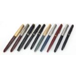 Ten vintage Parker fountain pens, some with gold nibs including one with Lucky Curve nib, 51 and