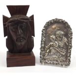 19th century silver plated religious plaque of Madonna and child and a rosewood carving of Christ,