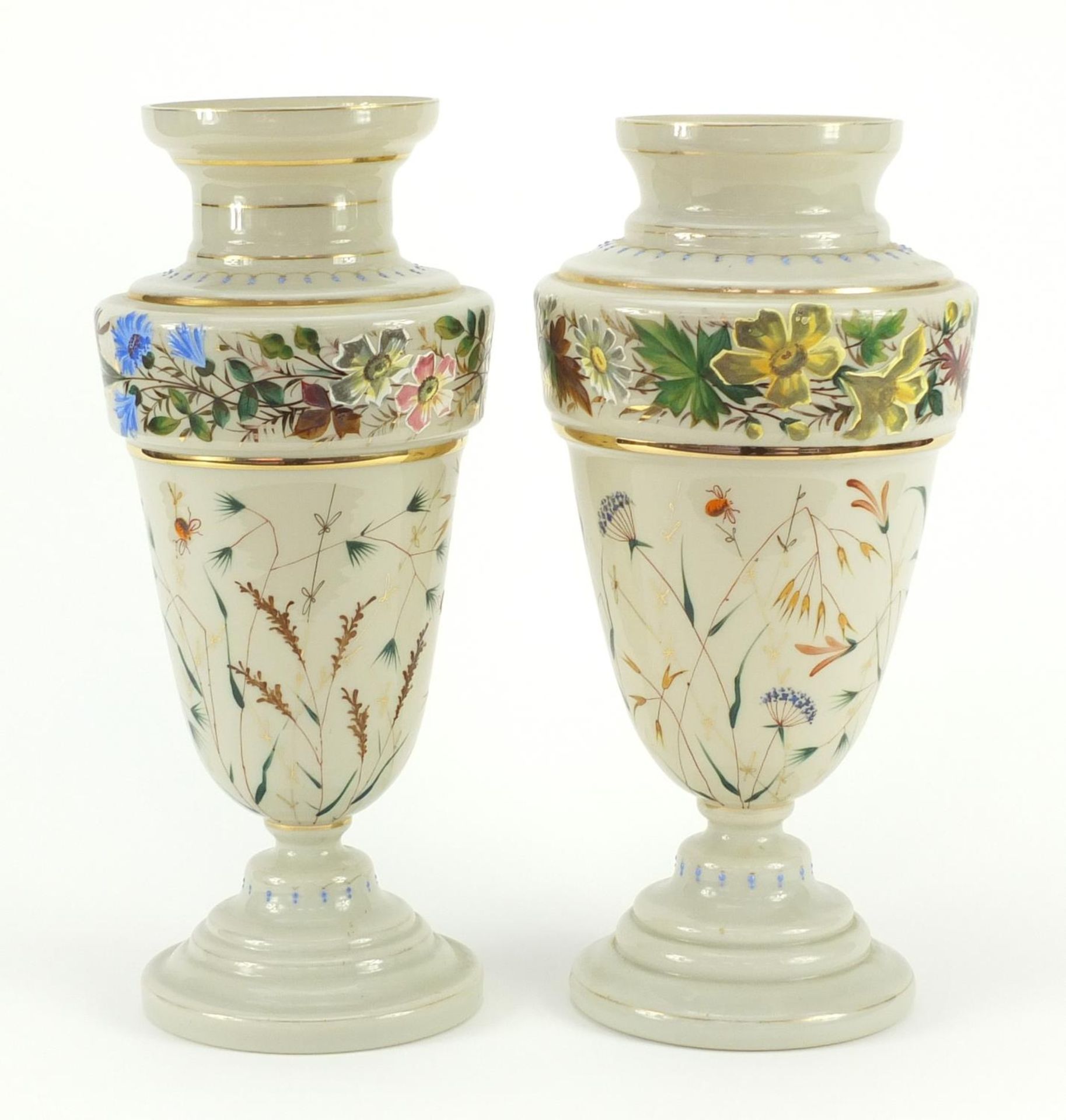 Matched pair of 19th century opaline glass vases, hand painted with flowers and insects amongst - Image 5 of 11