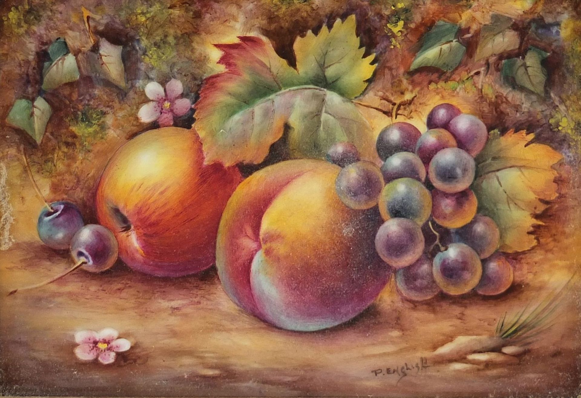 Paul English for Royal Worcester, rectangular porcelain plaque hand painted with fruit, housed in