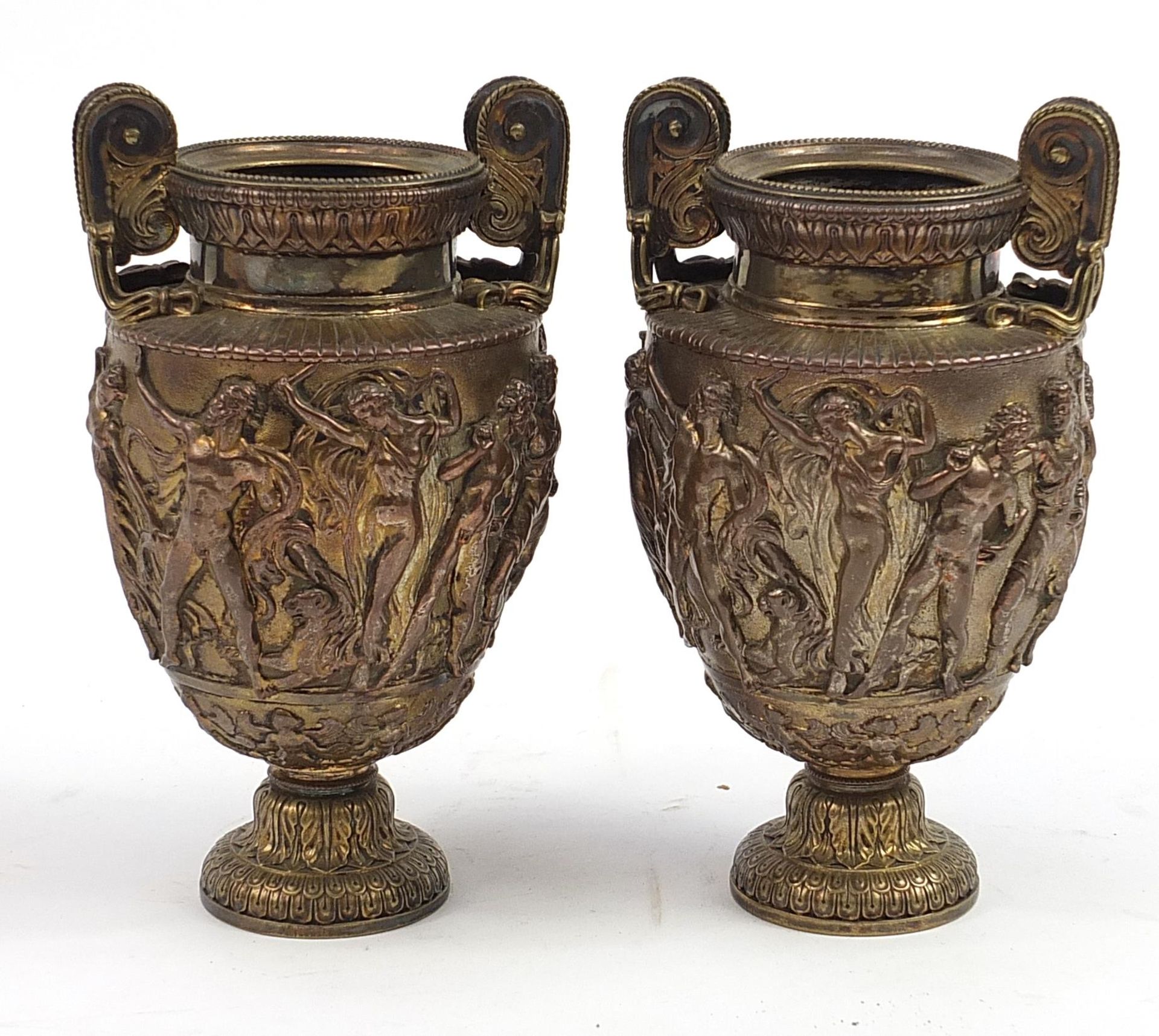 Pair of 19th century Elkington & Co silver plated Townley vases, each with plaques to the bases - Image 2 of 4