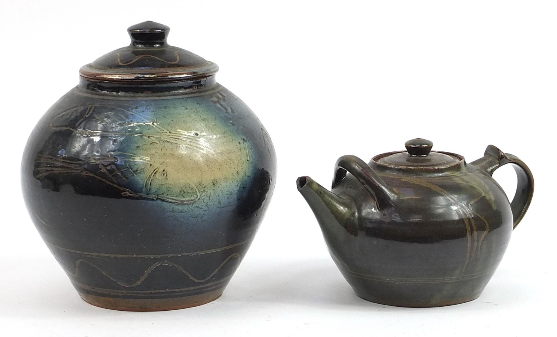 Mark Hewitt for Wenford Bridge, studio pottery teapot and jar with cover incised with stylised fish,