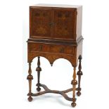 Queen Anne style inlaid burr walnut cabinet on stand with wavy X shaped stretcher, 121cm H x 64cm