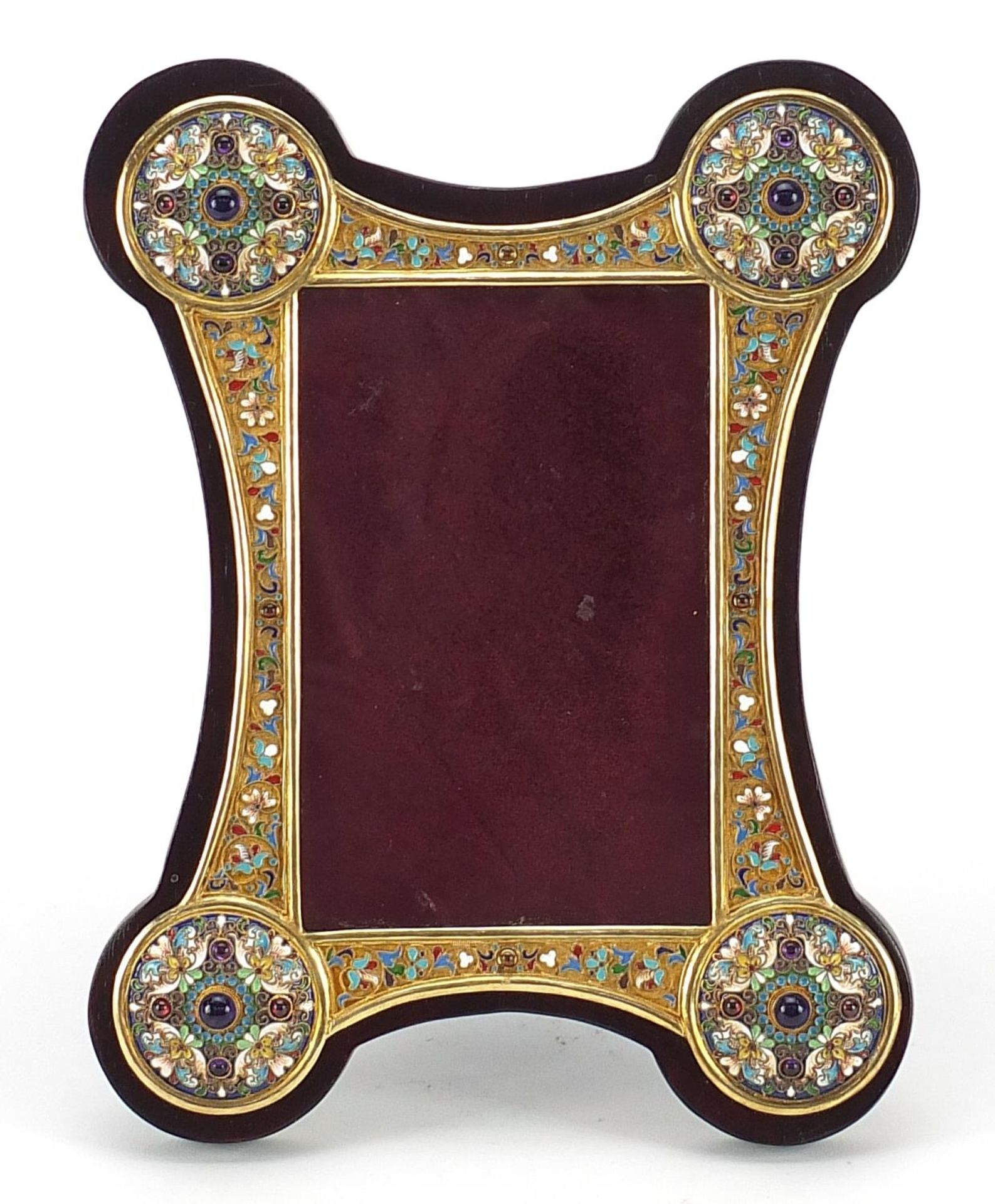 Silver gilt champleve enamelled and mahogany easel photo frame set with cabochon purple and red