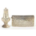 Rectangular silver card case and silver baluster shaped caster, the largest 8.5cm in length, total