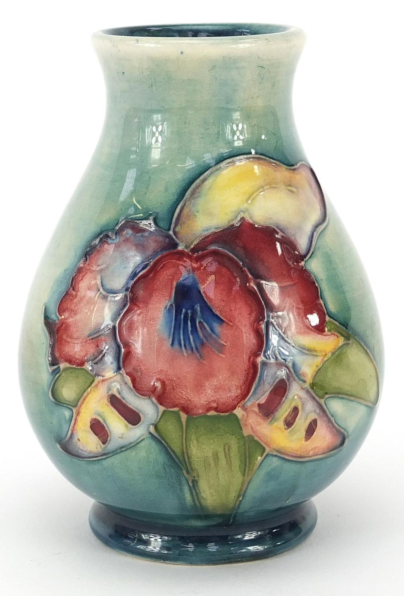 Moorcroft Pottery baluster vase hand painted with two flowers, paper label to the base, 10cm high - Image 2 of 4