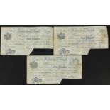 Three 19th century Faversham Bank five pound notes numbered 0805, 0835 and 0870, each dated 11th