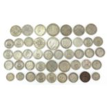 Collection of British pre 1947 coins, predominantly florins and shillings, 299g