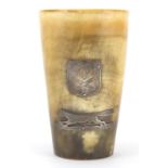19th century horn hunting beaker with applied silver fox and crest, engraved View Hallo, 12cm high