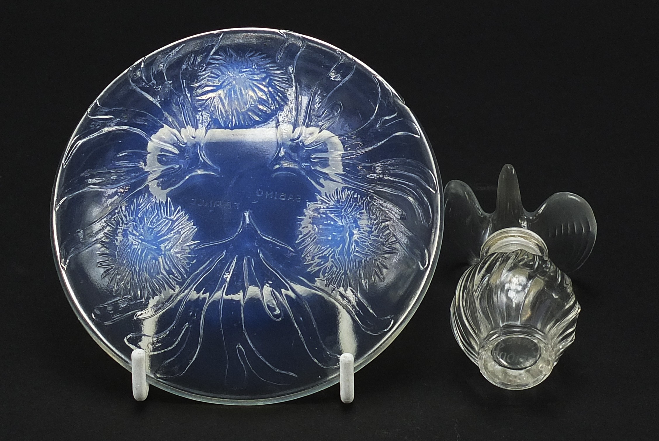 Lalique frosted and clear glass scent bottle and a Sabino opalescent dish, the largest 10cm in - Image 4 of 5