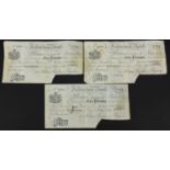Three 19th century Faversham Bank five pound notes numbered 0866, 0886 and 0888, each dated 11th