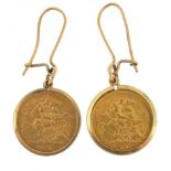 Two Edward VII gold half sovereigns comprising 1907 and 1908, each with 9ct gold earring mounts, 4.