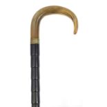 Ebony walking stick with horn handle, possibly rhinoceros, 84.5cm in length