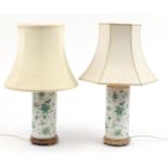 Pair of Chinese porcelain cylindrical table lamps with shades, hand painted with insects amongst