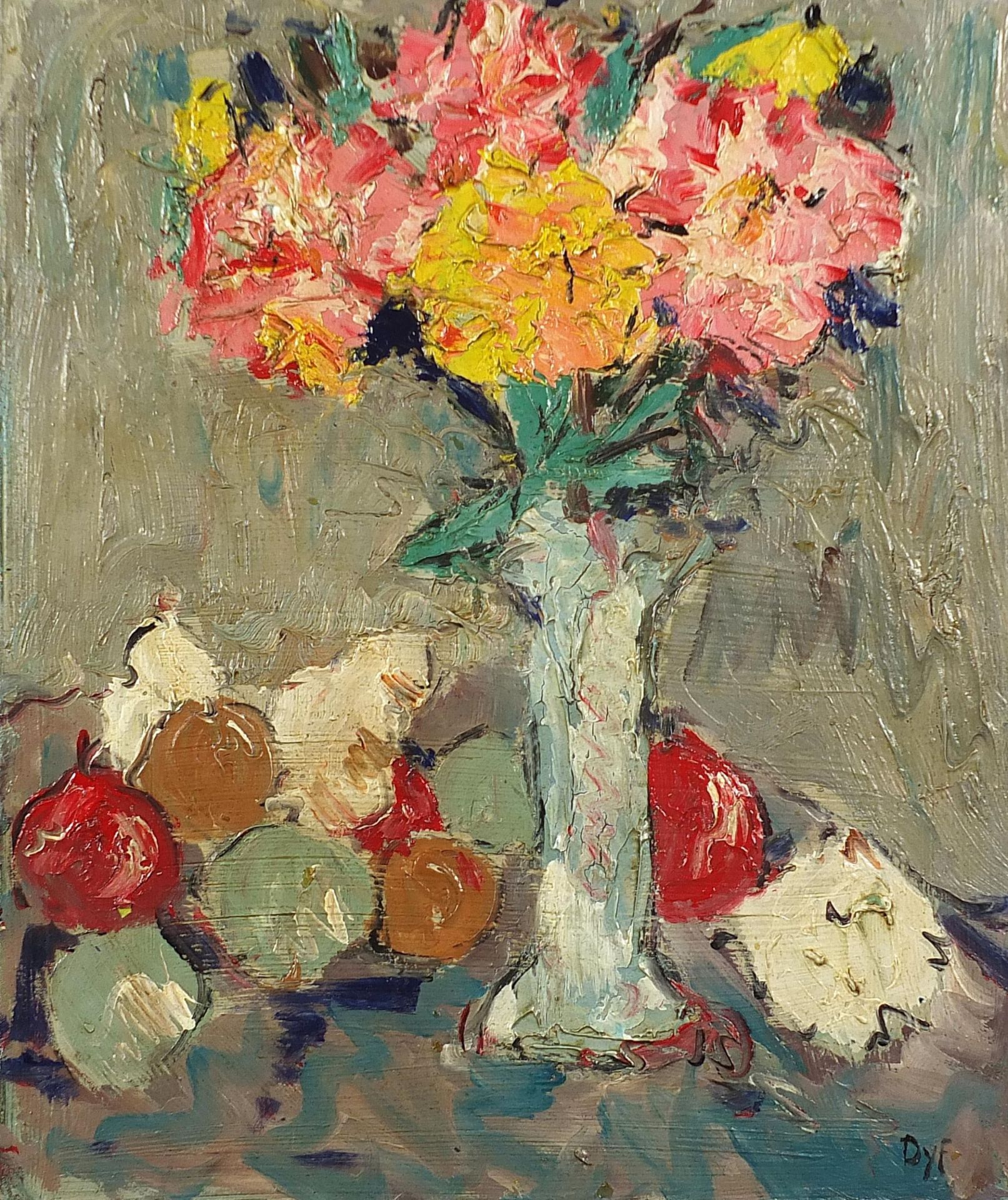 Still life flowers in a vase, Scottish colourist impasto oil on canvas, unframed, 61.5cm x 51cm