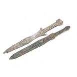 Two Chinese/Islamic patinated bronze short swords, the largest 39cm in length,