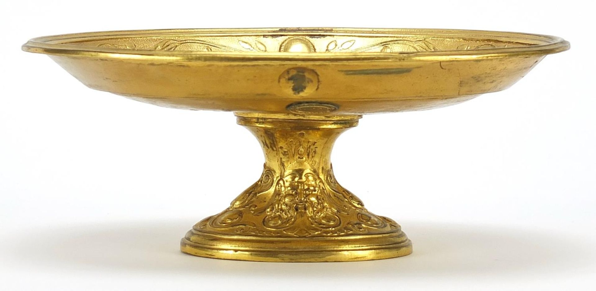 19th century Elkington & Co gilt bronze pedestal dish decorated in relief with a semi nude female