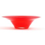 Large red art glass bowl, possibly Powell for Whitefriars, 38cm in diameter