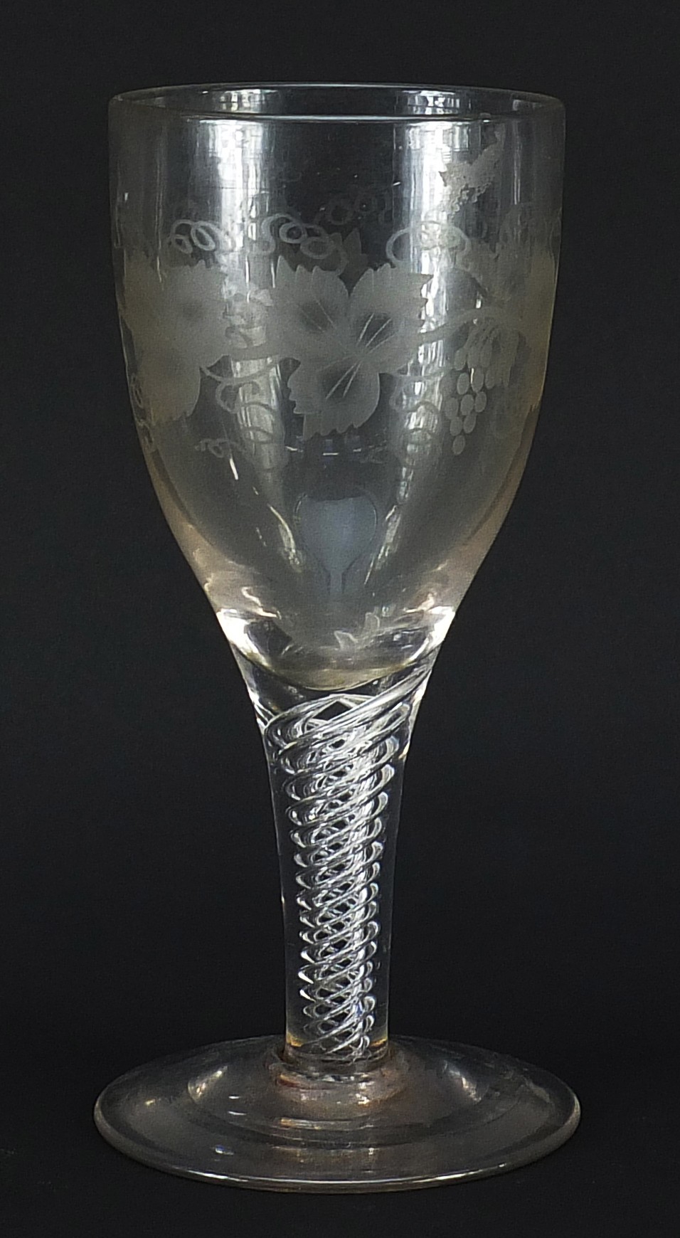 18th century wine glass with air twist stem and etched bowl, 21cm high