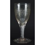 18th century wine glass with air twist stem and etched bowl, 21cm high