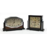 Two Art Deco mantle clocks with chrome mounts comprising J W Benson and Smiths Electronic, the