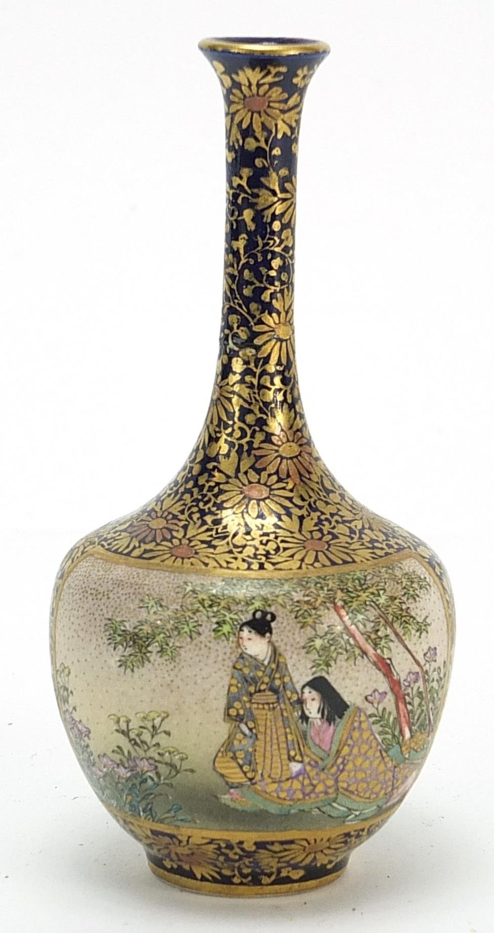 Good Japanese Satsuma pottery vase with case, hand painted with females and a butterfly amongst