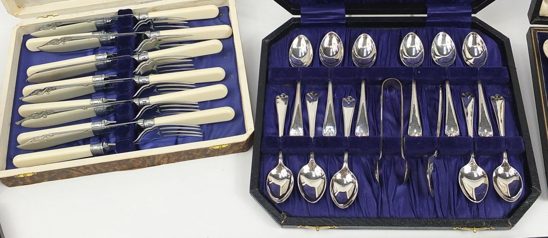 Silver plated cutlery housed in fitted cases including set of six fish knives and forks with ivorine - Image 2 of 6