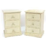 Pair of painted pine three drawer bedside chests, 60cm H x 42cm W x 32cm D