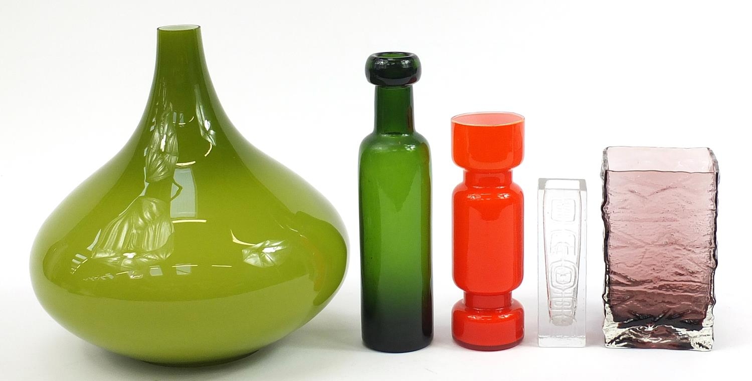 Scandinavian glassware including a green glass shade and purple vase, the largest 30.5cm high