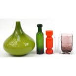 Scandinavian glassware including a green glass shade and purple vase, the largest 30.5cm high