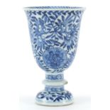 Chinese blue and white porcelain stem cup hand painted with flowers, 12.5cm high