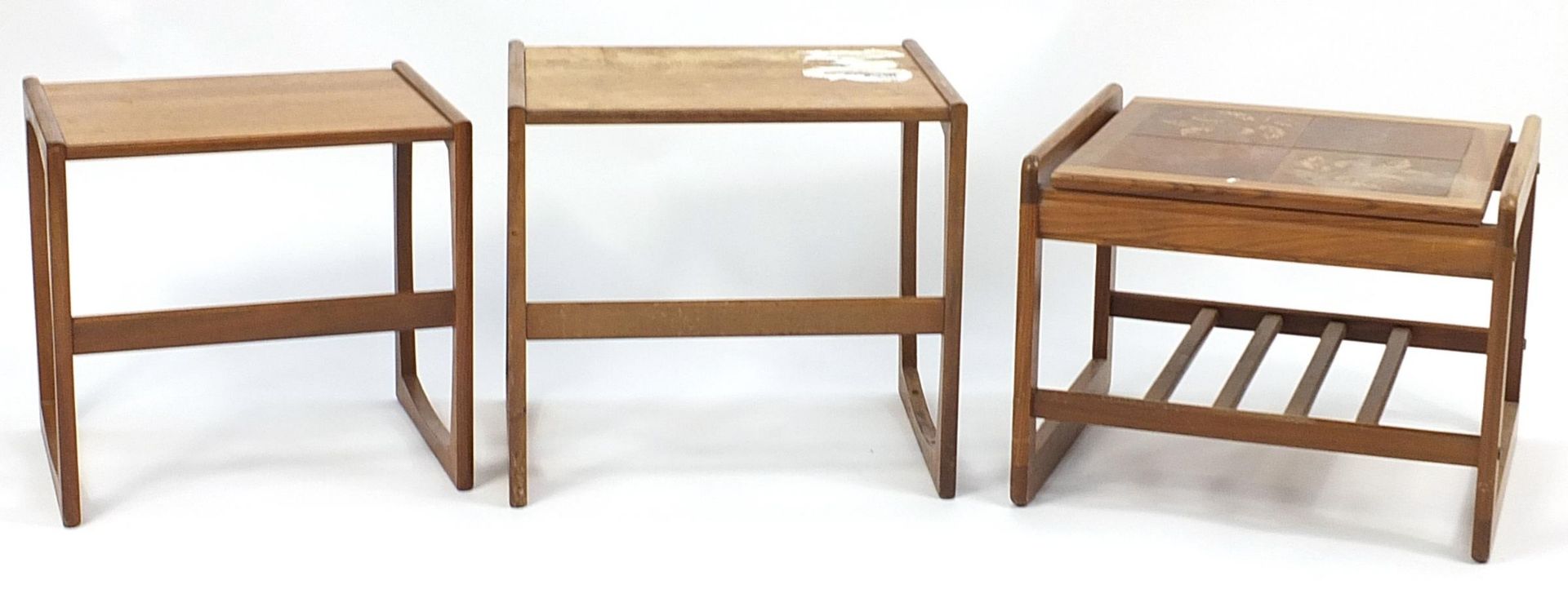 Three vintage teak occasional tables, one with tiled top, the tiled example 44cm H x 56cm W x 50cm D - Image 4 of 4