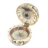 Naval interest carved bone pocket globe and compass, 7cm in diameter