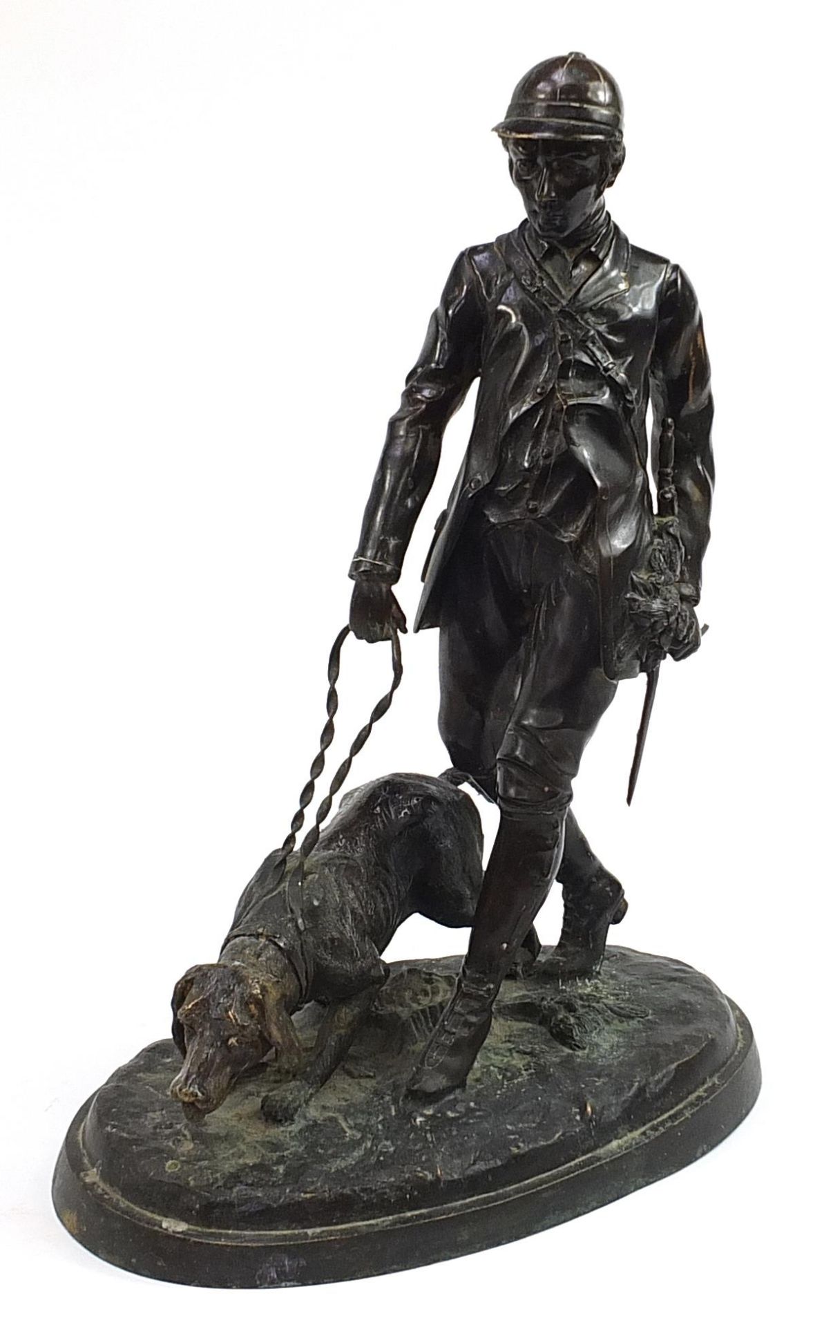 Large patinated bronze study of a huntsman and hound, 61.5cm high