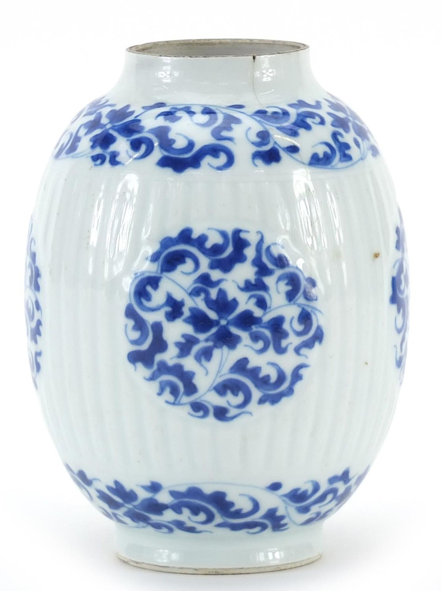 Chinese blue and white porcelain ribbed vase hand painted with flowers and scrolling foliage, Kangxi - Image 2 of 3