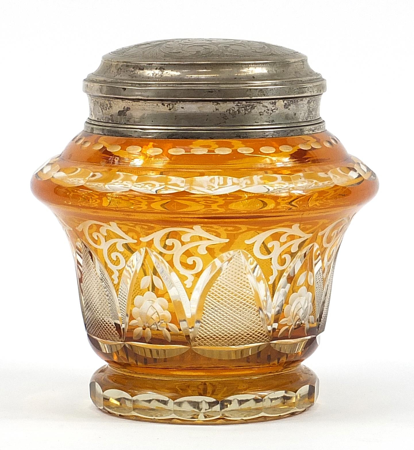 Bohemian amber overlaid glass vase with 800 grade silver lid and rim, 21cm high, the lid 102g