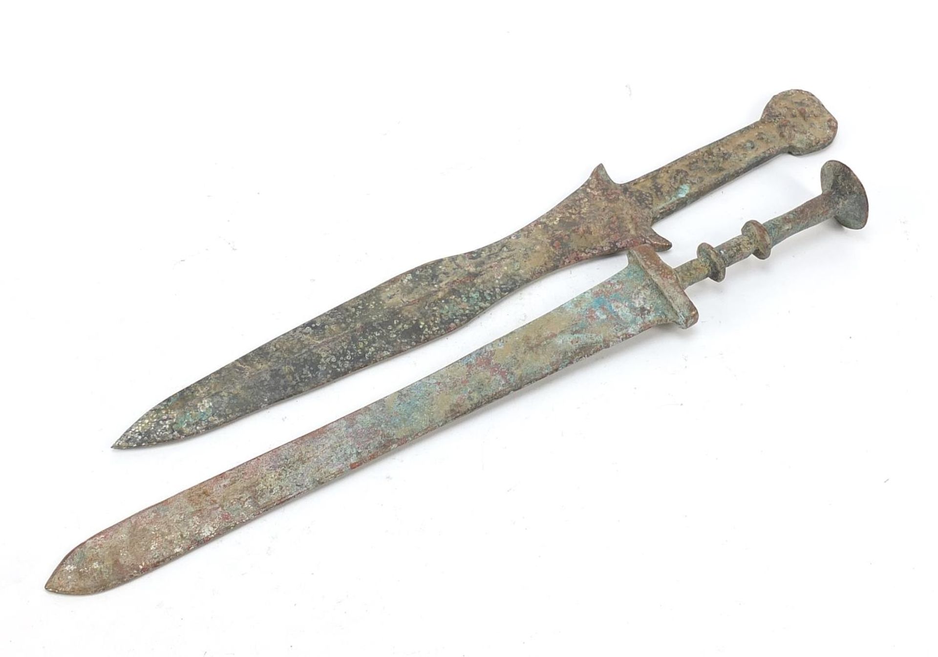 Two Chinese/Islamic patinated bronze short swords, the largest 39cm in length - Image 2 of 2