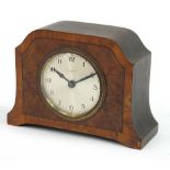 1920's burr walnut eight day mantle clock with silvered dial having Arabic numerals, 20cm wide