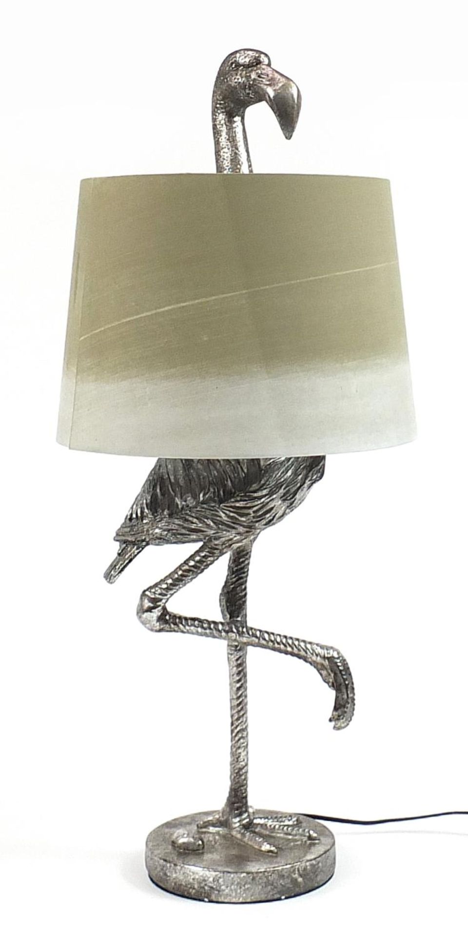Silvered flamingo design table lamp with shade, 82cm high