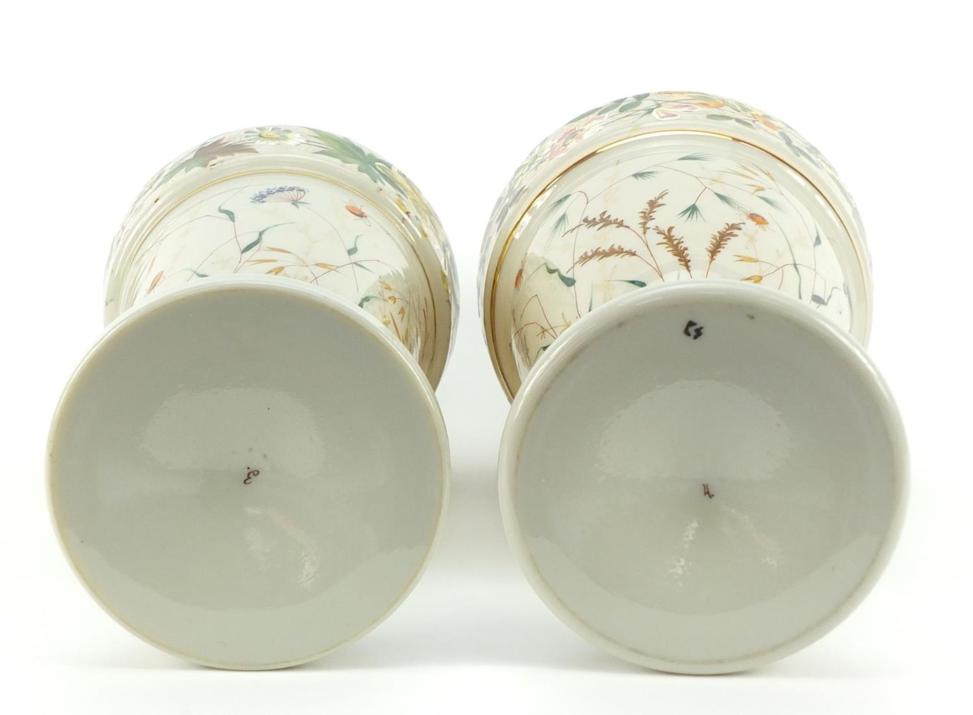Matched pair of 19th century opaline glass vases, hand painted with flowers and insects amongst - Image 11 of 11