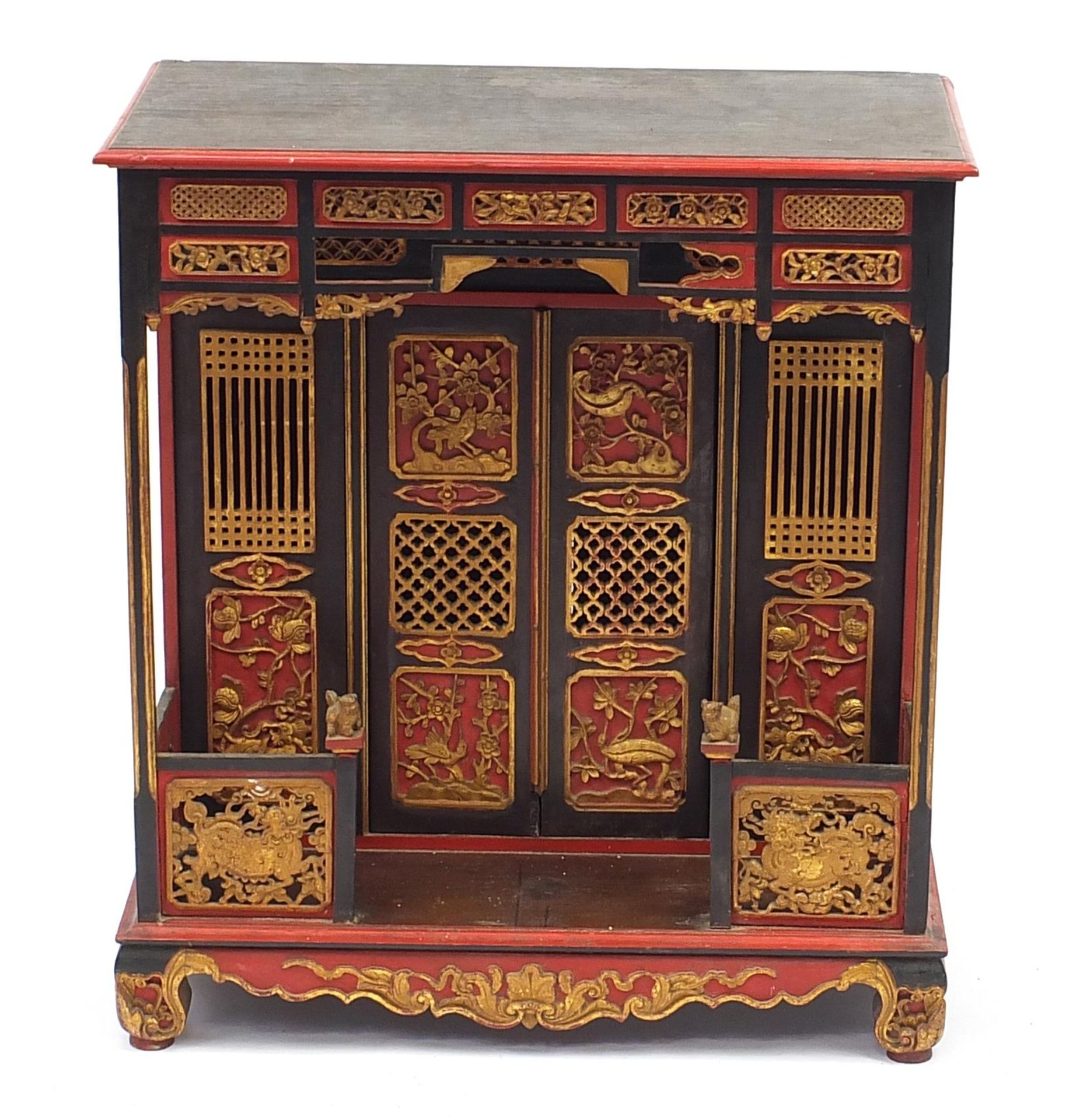 Chinese lacquered and giltwood shrine cabinet carved with mythical animals and birds amongst - Image 2 of 3