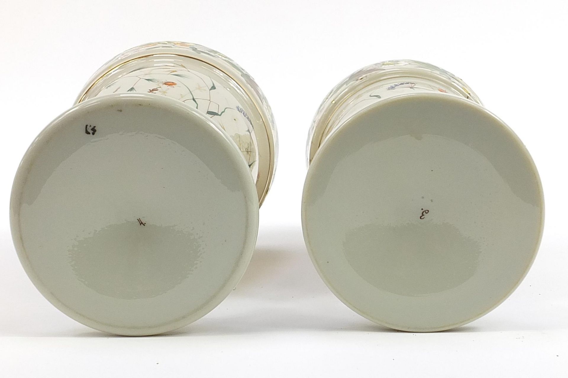 Matched pair of 19th century opaline glass vases, hand painted with flowers and insects amongst - Image 6 of 11