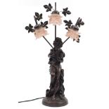 Large bronzed figural table lamp with three pink frilled glass shades, 80cm high